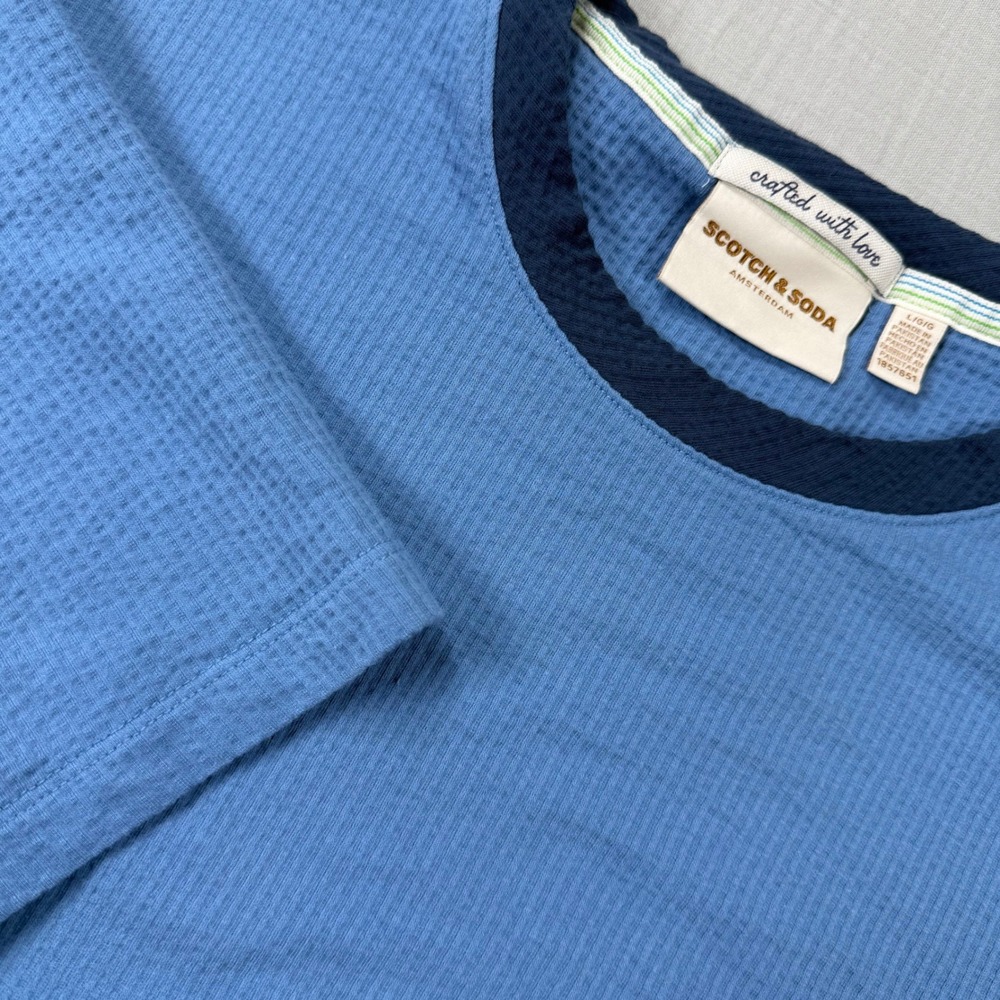 Scotch & Soda Mens T Shirt Large Blue Seersucker Textured Crewneck Amsterdam Tee